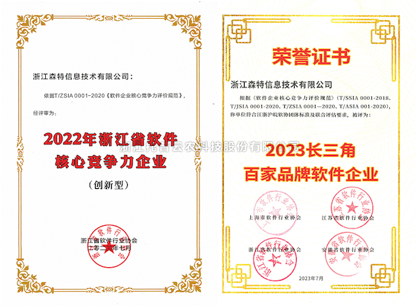 托普云農(nóng)全資子公司——浙江森特獲評(píng)“長(zhǎng)三角百家品牌軟件企業(yè)”、“浙江省軟件企業(yè)核心競(jìng)爭(zhēng)力（創(chuàng)新型）”企業(yè)！